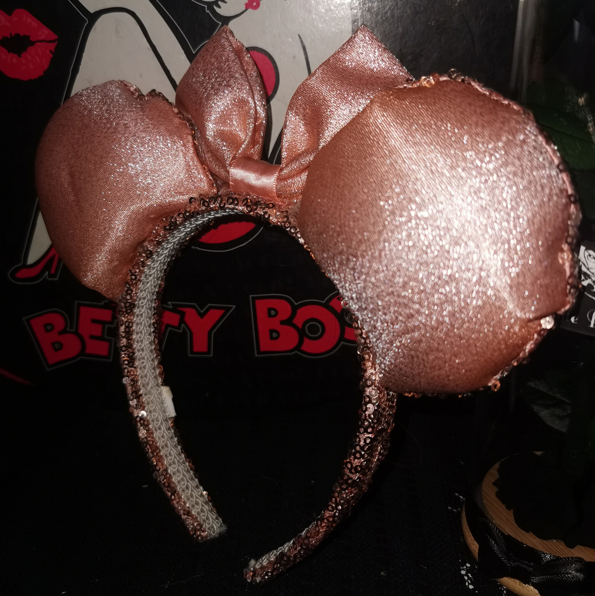 Beige and gold sparkly mouse ears with bow